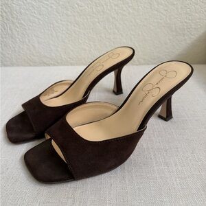 Jessica Simpson Dark Brown Suede Open-Toe Mule Heels